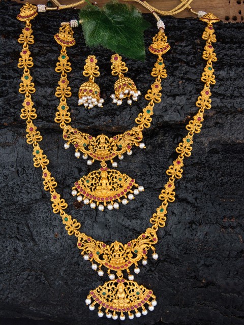 

Alankruthi Gold-Plated Pink & Green Stone-Studded Floral Lakshmi Design Jewellery Set