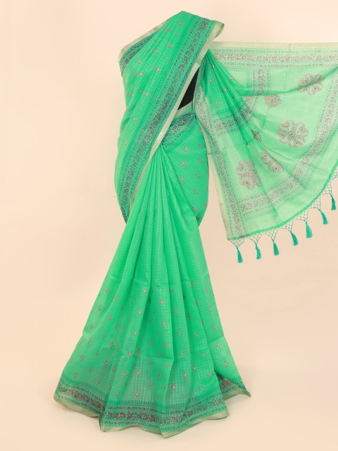 

Pothys Green Cotton Blend Printed Chanderi Saree