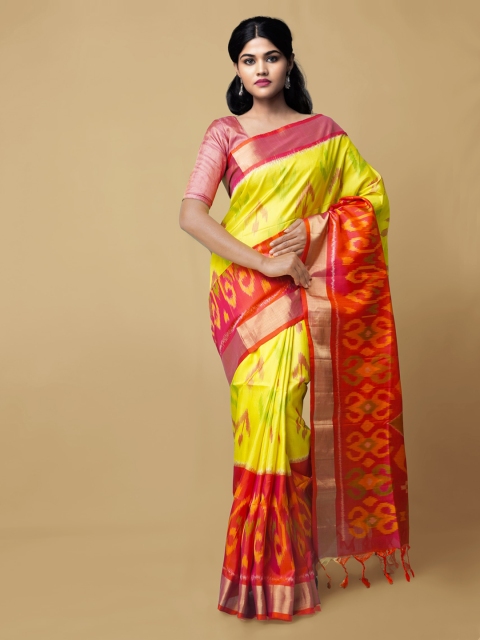 

Unnati Silks Yellow & Orange Silk Cotton Printed Ikat Saree
