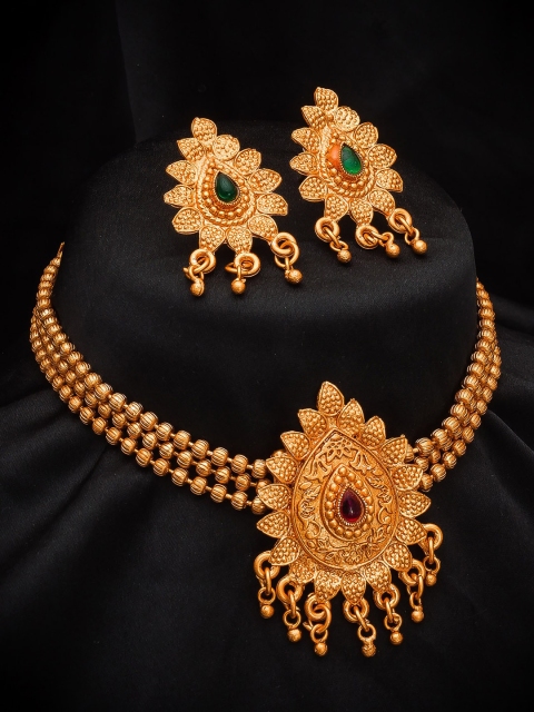 aadita Gold-Plated Pink & Green Stone-Studded Beaded Jewellery Set