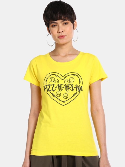 Sugr Women Yellow Printed Round Neck T-shirt
