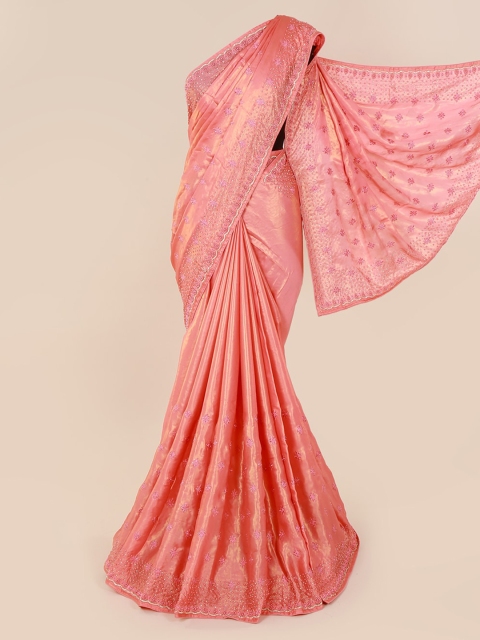 

Pothys Peach-Coloured Embroidered Satin Saree With Embellished Border