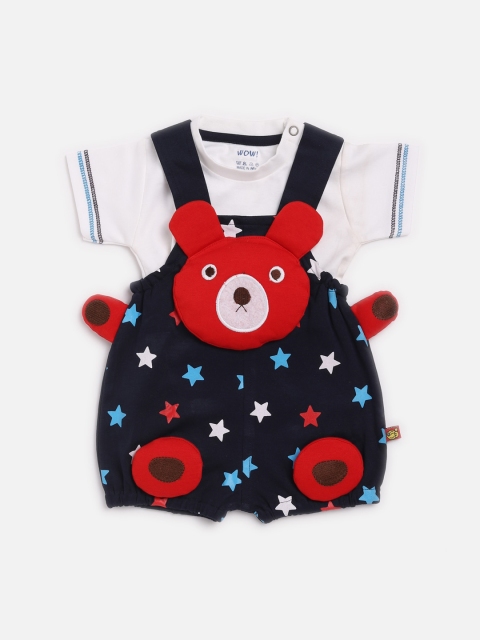 

WOW Boys White & Navy Pure Cotton Solid T-shirt with Romper