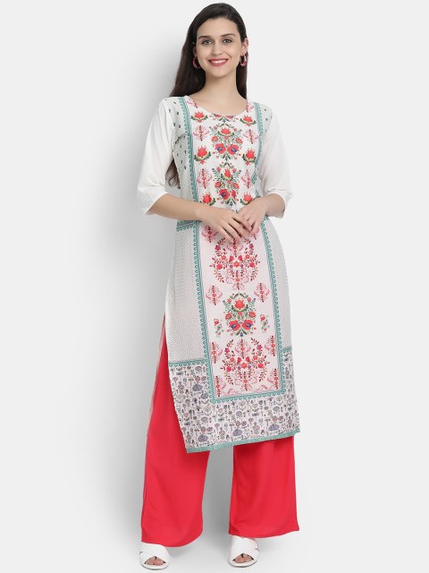 

7Threads Women Off White & Orange Floral Printed Crepe Kurta