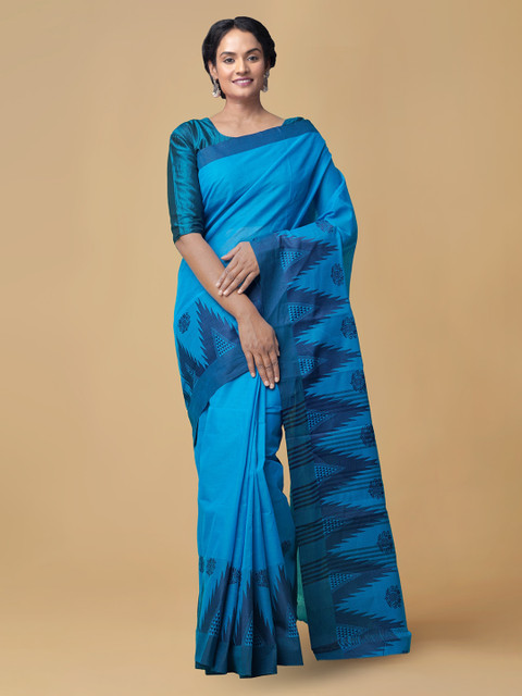 

Unnati Silks Blue Pure Cotton Solid Kanjeevaram Saree