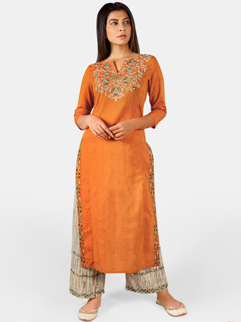 

Mesmora Women Orange Embroidered Kurta with Palazzos