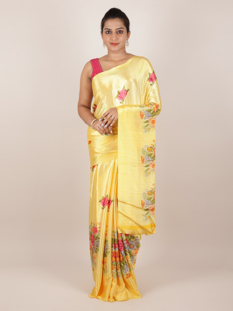 

Pothys Yellow Printed Poly Crepe Saree