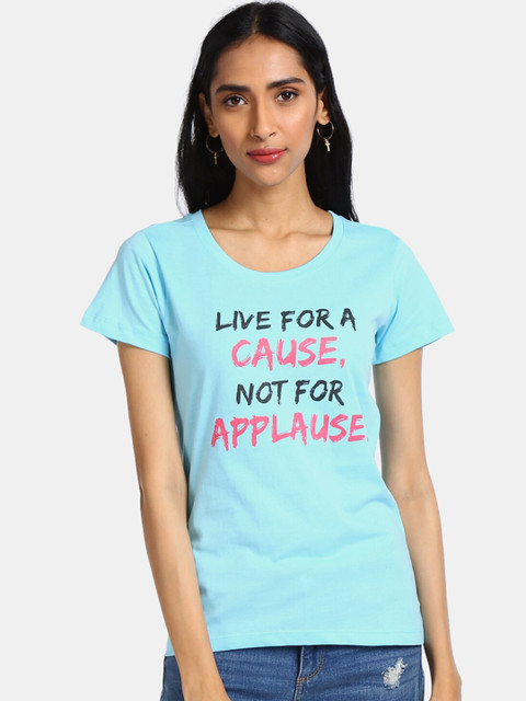 

Sugr Women Blue Printed Round Neck Cotton T-shirt