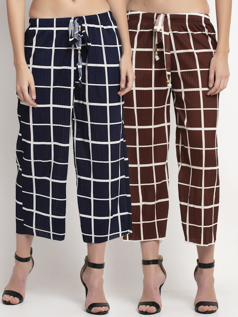 

NEUDIS Women Brown & Navy Blue Checked Set of 2 Regular Trousers