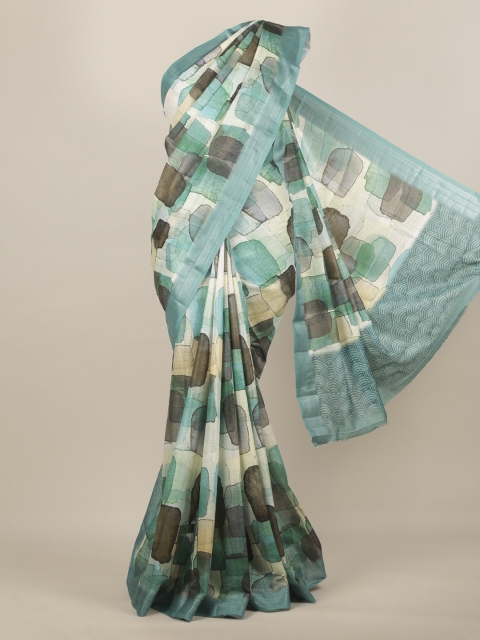 

Pothys Cream-Coloured & Green Linen Blend Printed Saree