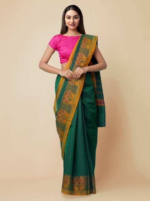 

Unnati Silks Green & Orange Pure Cotton Solid Handcrafted Kanjeevaram Saree