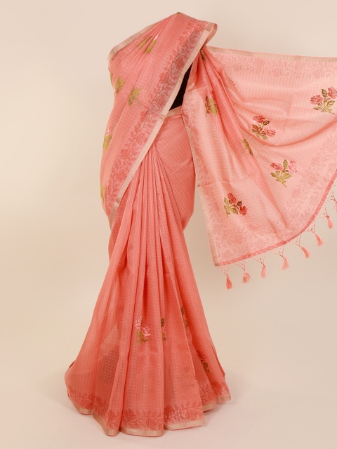 

Pothys Peach-Coloured Cotton Blend Checked Chanderi Saree