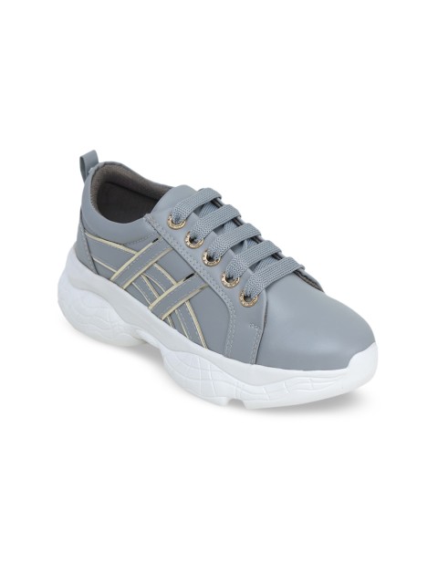

LONDON STEPS Women Grey & Silver-Toned Striped Memory Foam Lightweight Sneakers