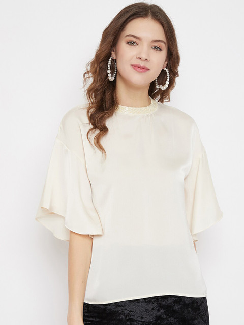 

Madame Beige Flared Sleeves Solid Regular Top