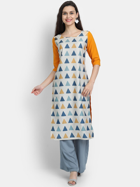 

7threads Women Off White & Yellow Geometric Printed Boat Neck Kurta