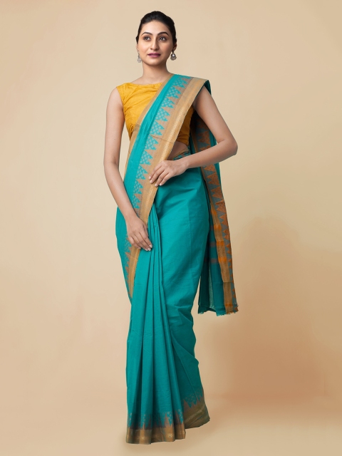 Unnati Silks Blue Pure Cotton Solid Kanjeevaram Saree