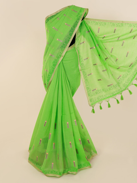 

Pothys Green Cotton Blend Embroidered Chanderi Saree