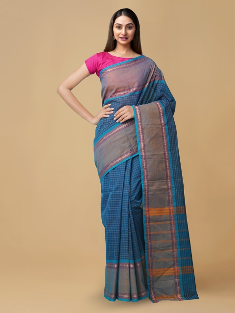 

Unnati Silks Blue Pure Cotton Checked Handcrafted Chettinad Saree