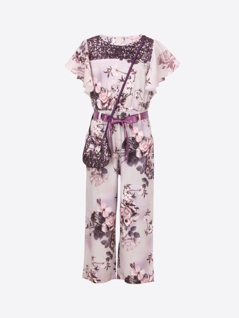 

CUTECUMBER Girls Grey & White Printed Culotte Jumpsuit