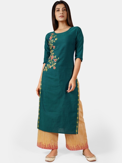 

Mesmora Women Teal Green Embroidered Kurta with Palazzos