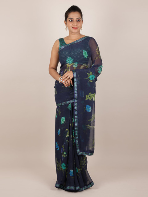 

Pothys Navy Blue Printed Poly Georgette Saree