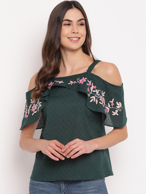 

Mayra Women Green & Pink Floral Embroidered Cold-Shoulder Sleeves Pure Cotton Regular Top