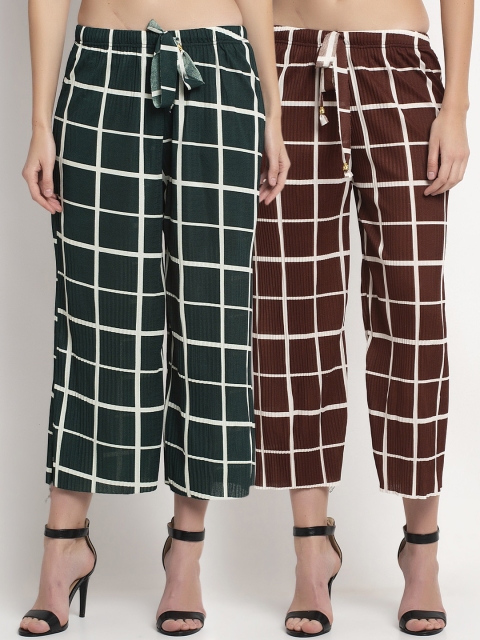

NEUDIS Women Pack Of 2 Green & Brown Regular Fit Checked Culottes