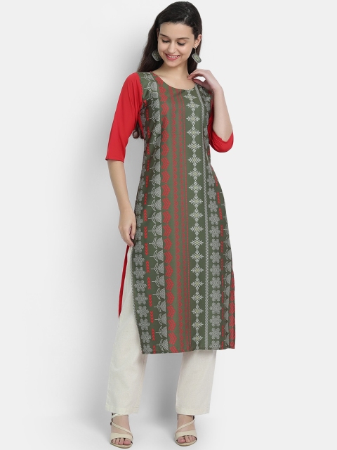 

7Threads Women Green & Red Ethnic Motifs Printed Crepe Kurta