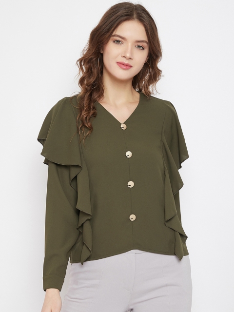 

Madame Women Olive Green Ruffled Shirt Style Top