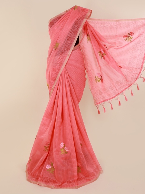 

Pothys Pink Cotton Blend Checked Chanderi Saree