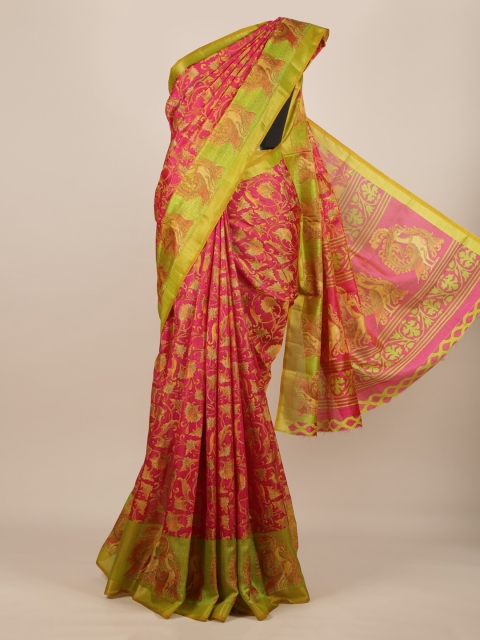 

Pothys Magenta & Lime Green Jute Silk Printed Saree