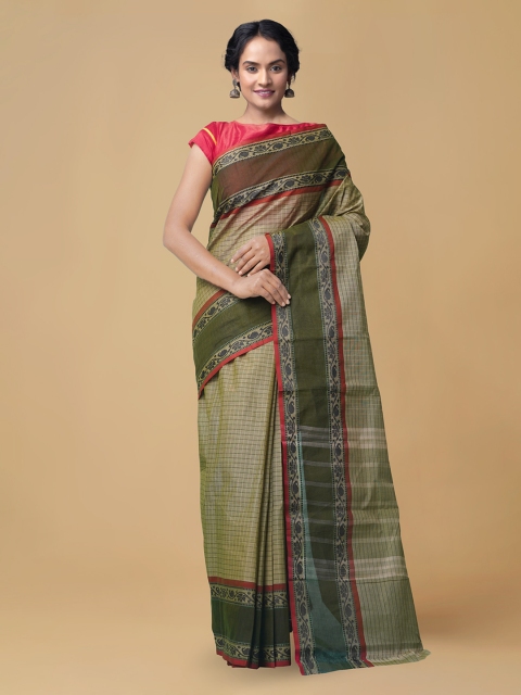 

Unnati Silks Olive Green Pure Cotton Checked Handcrafted Chettinad Saree