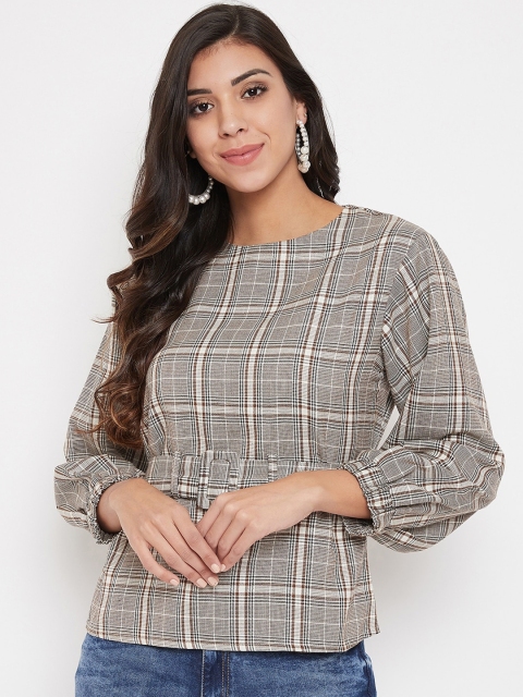 

Madame Brown & White Checked Puff Sleeves Regular Top
