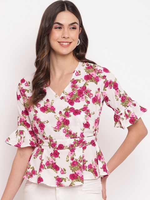 

Mayra White & Pink Floral Printed Bell Sleeves Crepe Wrap Top