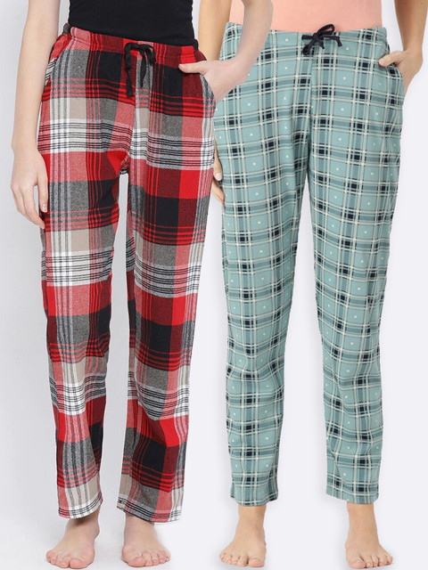 

Kanvin Women Set Of 2 Teal Blue & Red Checked Lounge Pants