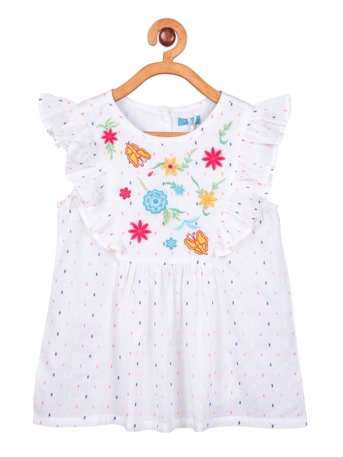 

Miyo Girls White & Blue Floral Embroidered Cap Sleeves A-Line Top