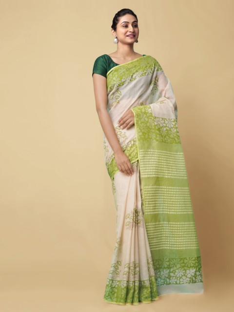 

Unnati Silks Cream-Coloured & Green Pure Cotton Printed Kota Saree