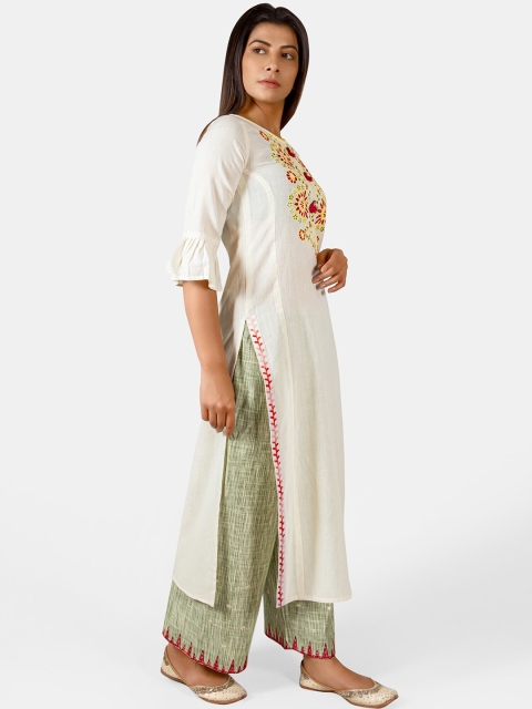 

Mesmora Women Off-White & Green Embroidered Kurta with Palazzos
