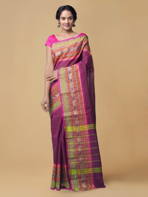 

Unnati Silks Purple Pure Cotton Checked Chettinad Saree