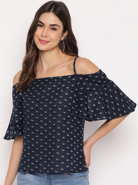 

Mayra Women Blue floral printed flared sleeves crepe bardot top