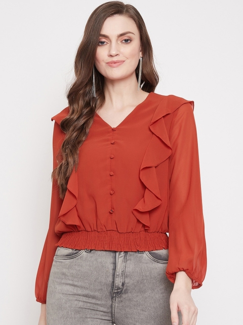 

Madame Women Rust Brown Ruffled Blouson Top