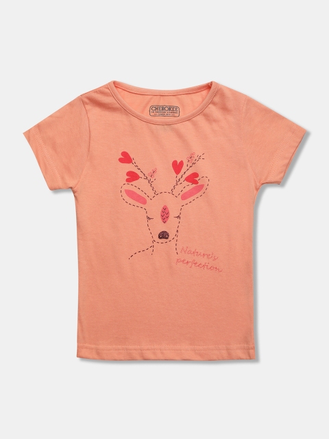 

Cherokee Girls Peach-Coloured & Red Printed Round Neck T-shirt