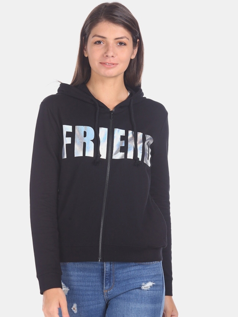 

Sugr Women Black & Grey Printed Hooded Cotton Sweatshirt