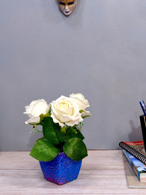 

fancy mart White & Green Artificial Rose Flower Plant With Pot