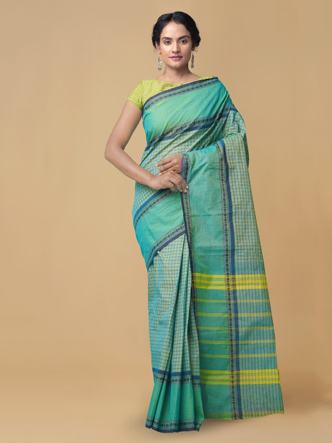 

Unnati Silks Green Pure Cotton Checked Chettinad Saree