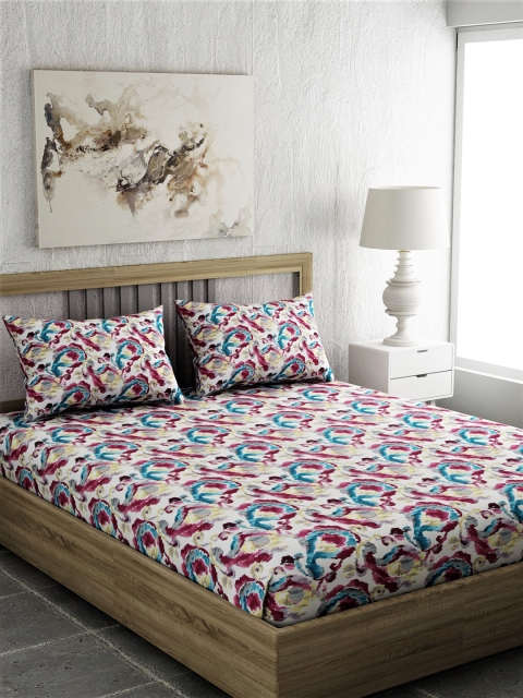 

EverHOME White & Blue Abstract 210 TC Cotton 1 Queen Bedsheet with 2 Pillow Covers