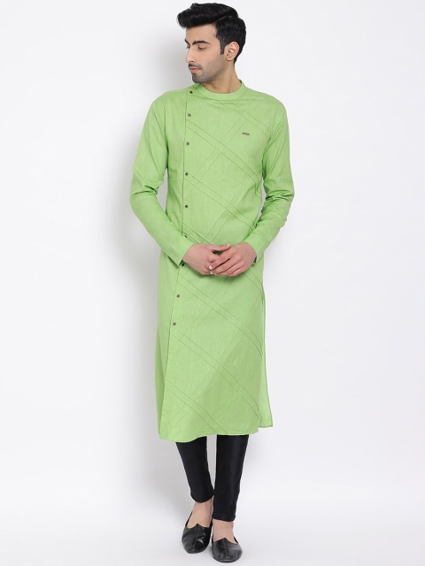 

Devoiler Men Green Striped Printed Straight Kurta
