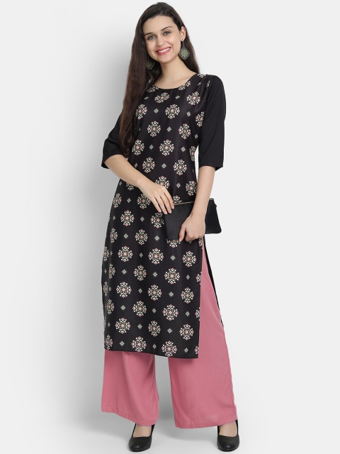 

7Threads Women Black & Off White Floral Printed Crepe Kurta