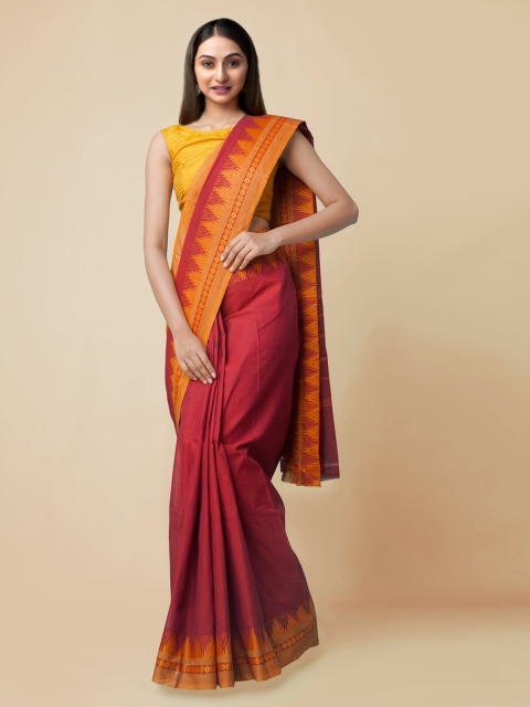 

Unnati Silks Maroon Pure Cotton Solid Chettinad Saree