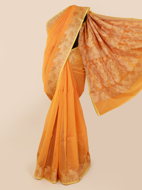 

Pothys Orange Solid Cotton Blend Saree